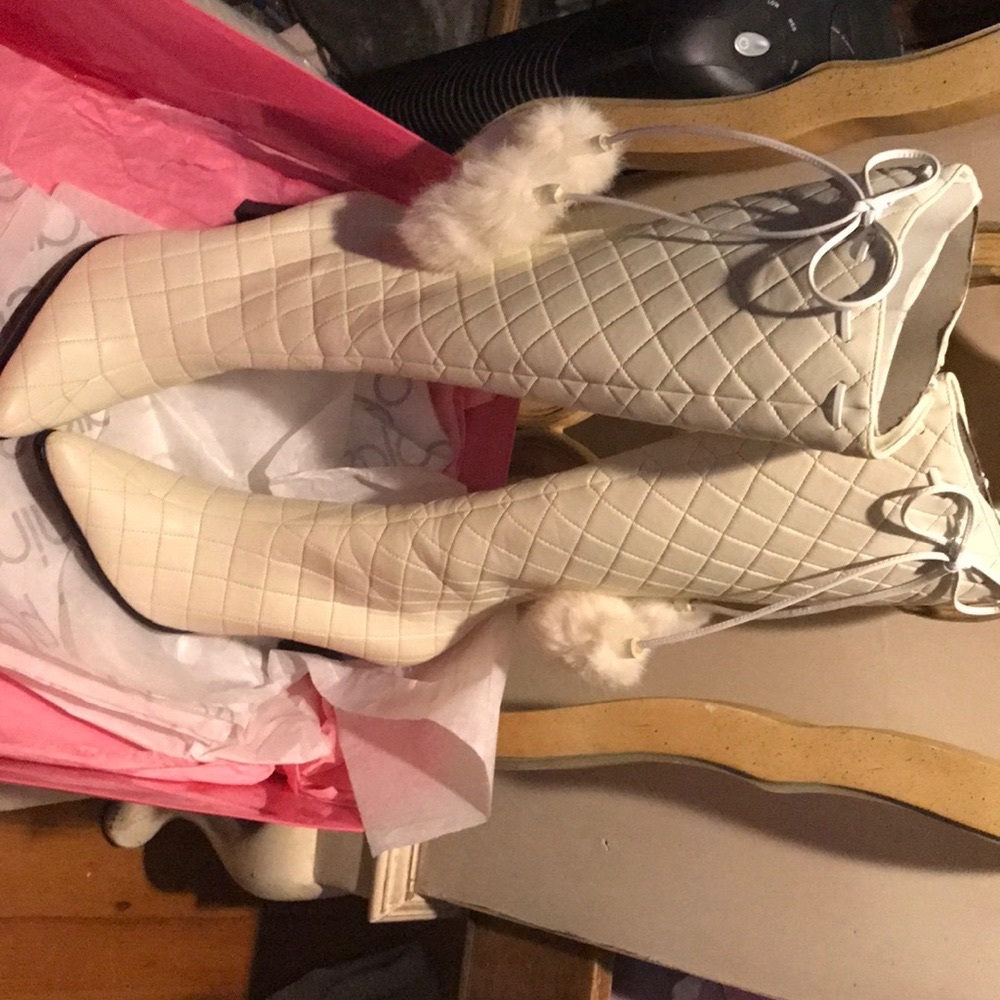 New white rabbit fur Pom Pom long boots 6.5